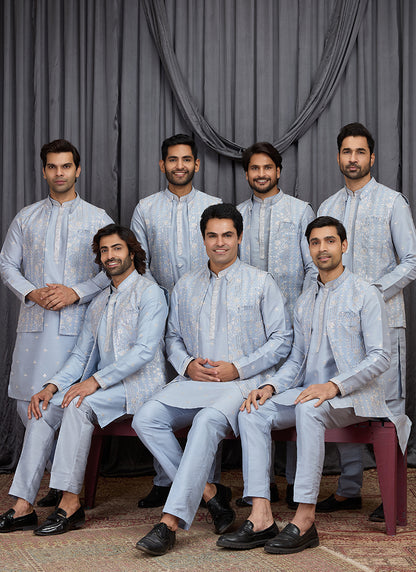 Sky Blue Art Banarasi Silk Patten Pcs Festival Wear Readymade Kurta Pajama With Jacket SW245656