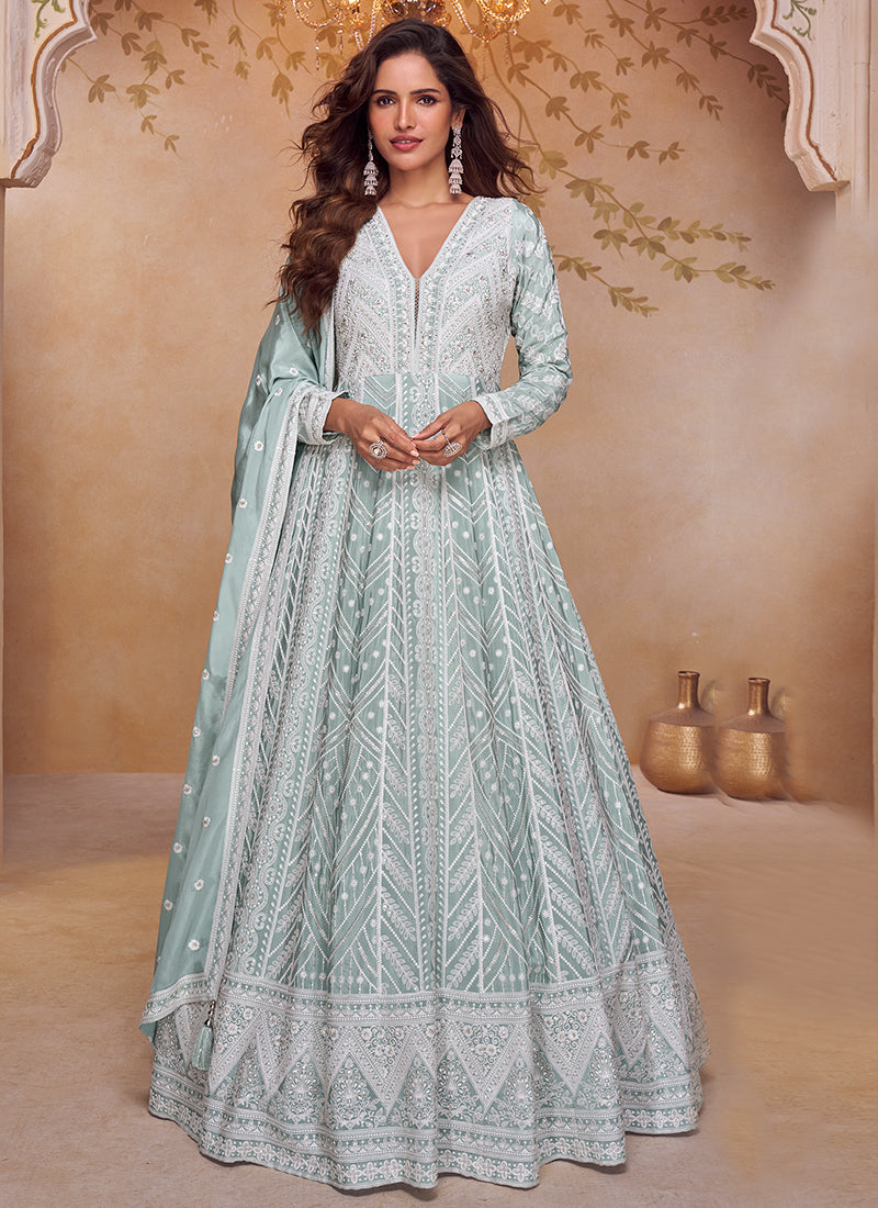 Sky Blue Chinon Embroidery Work Occasional Wear Readymade Anarkali Suit SW689475