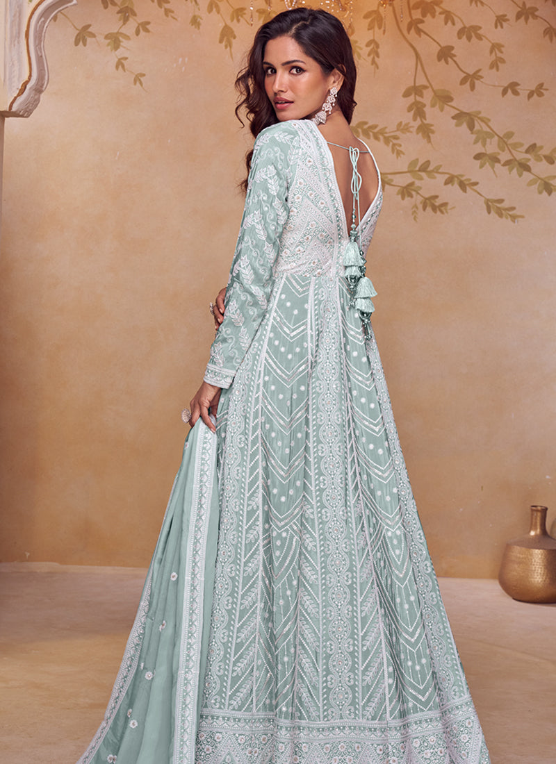 Sky Blue Chinon Embroidery Work Occasional Wear Readymade Anarkali Suit SW689475