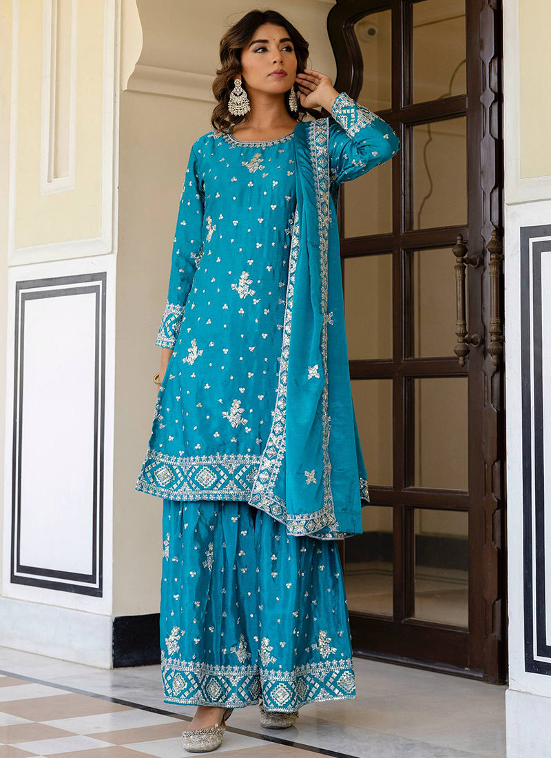Sky Blue Chinon Silk Sequins Work Festival Wear Readymade Sharara Suit SW768671
