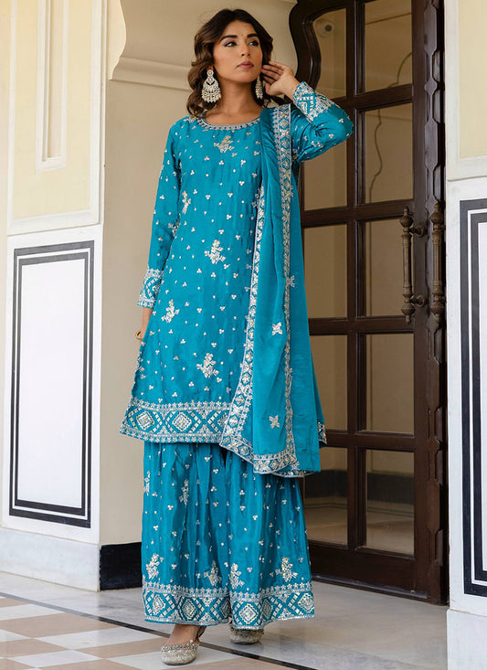 Sky Blue Chinon Silk Sequins Work Festival Wear Readymade Sharara Suit SW768671