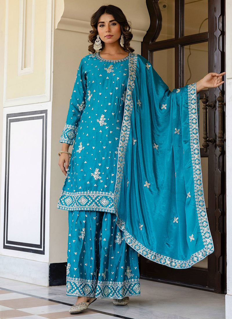 Sky Blue Chinon Silk Sequins Work Festival Wear Readymade Sharara Suit SW768671