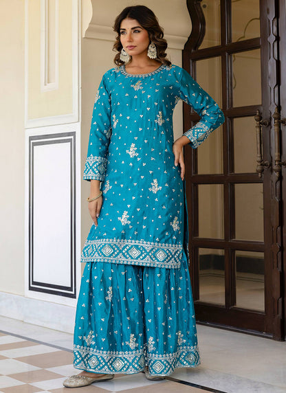 Sky Blue Chinon Silk Sequins Work Festival Wear Readymade Sharara Suit SW768671