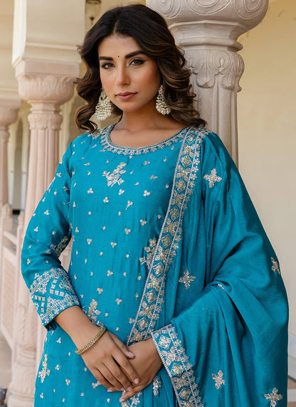 Sky Blue Chinon Silk Sequins Work Festival Wear Readymade Sharara Suit SW768671