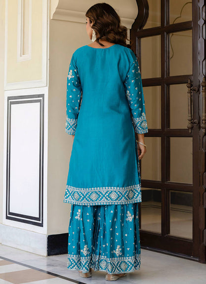 Sky Blue Chinon Silk Sequins Work Festival Wear Readymade Sharara Suit SW768671