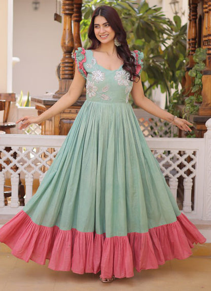 Sky Blue Cotton Sequins Work  Party Wear Readymade Gown SW767976