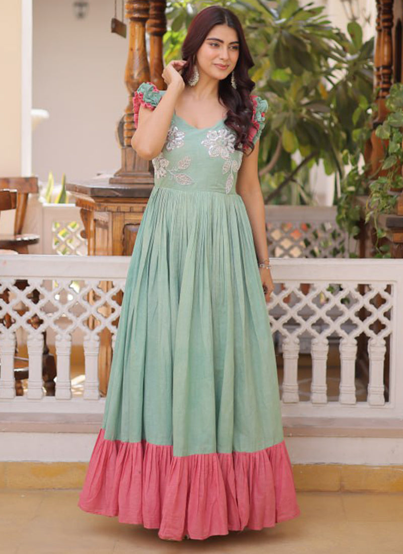 Sky Blue Cotton Sequins Work  Party Wear Readymade Gown SW767976