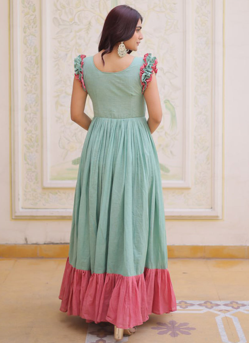 Sky Blue Cotton Sequins Work  Party Wear Readymade Gown SW767976