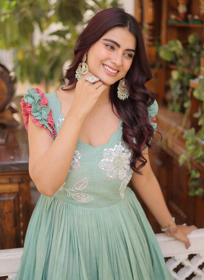 Sky Blue Cotton Sequins Work  Party Wear Readymade Gown SW767976