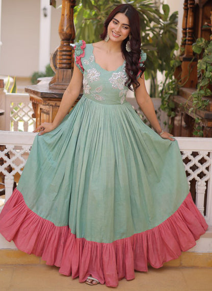 Sky Blue Cotton Sequins Work  Party Wear Readymade Gown SW767976