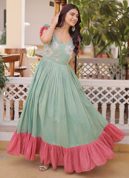 Sky Blue Cotton Sequins Work  Party Wear Readymade Gown SW767976