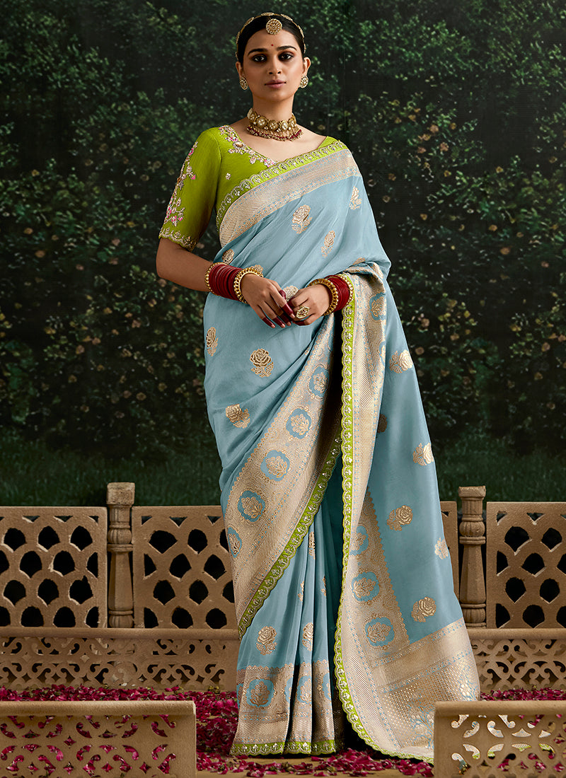 Sky Blue Dola Silk Embroidery Work Festival Wear Saree SW917936