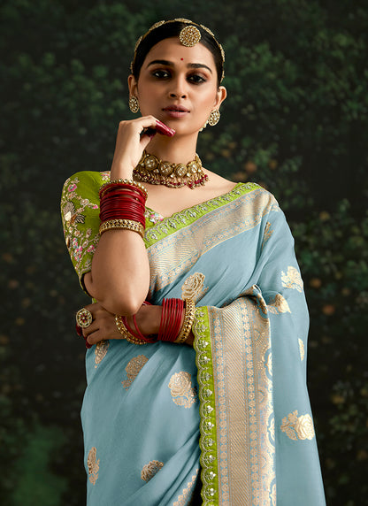 Sky Blue Dola Silk Embroidery Work Festival Wear Saree SW917936
