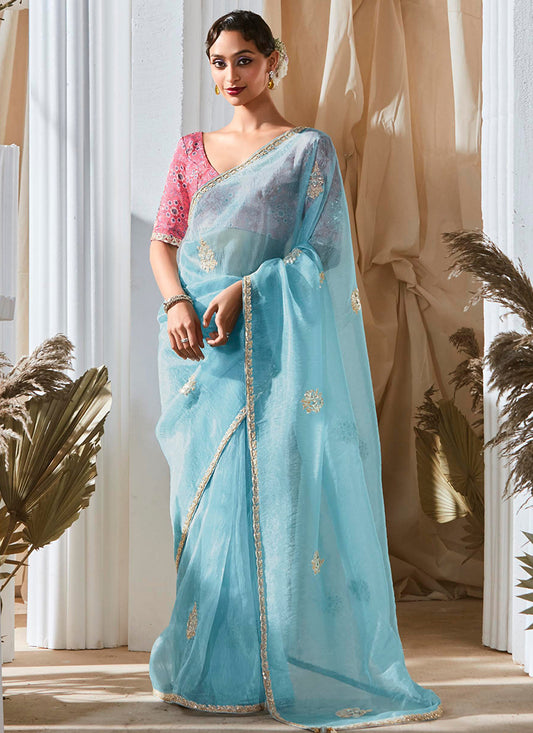 Fancy Sky Blue Bridal Wear Saree with Lace Work 381694