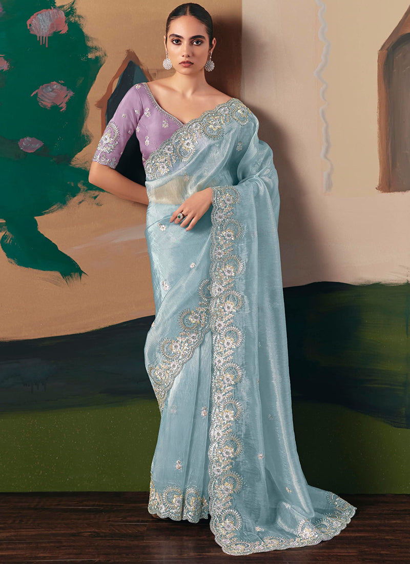 Fancy Fabric Sky Blue Saree with Embroidery Work for Wedding Wear 384692