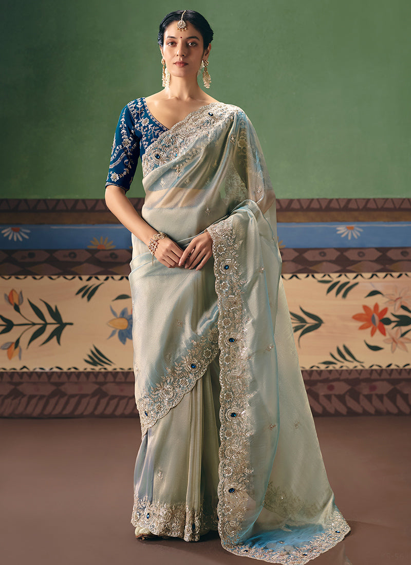 Sky Blue Fancy Embroidery Work Wedding Wear Saree SW341665