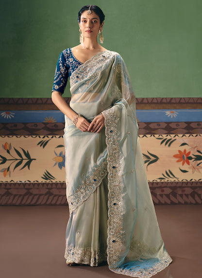 Sky Blue Fancy Embroidery Work Wedding Wear Saree SW341665