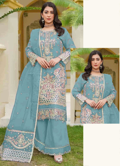Faux Georgette Sky Blue Eid Wear Embroidery Work Pakistani Suit 388567