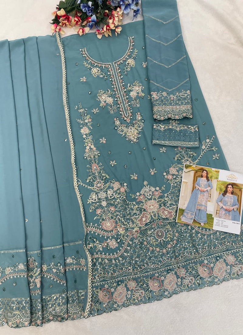 Faux Georgette Sky Blue Eid Wear Embroidery Work Pakistani Suit 388567