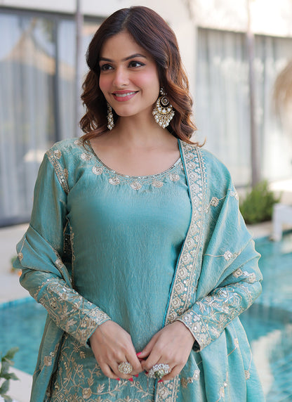 Sky Blue Fendi Crush Silk Embroidery Work Festival Wear Readymade Salwar Suit SW227946