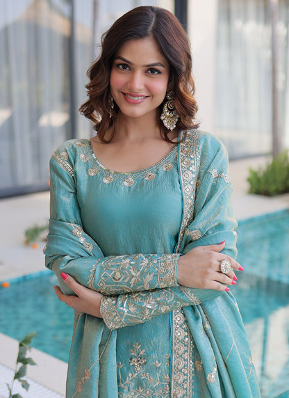 Sky Blue Fendi Crush Silk Embroidery Work Festival Wear Readymade Salwar Suit SW227946