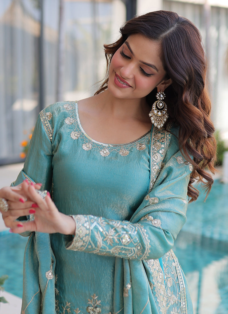 Sky Blue Fendi Crush Silk Embroidery Work Festival Wear Readymade Salwar Suit SW227946