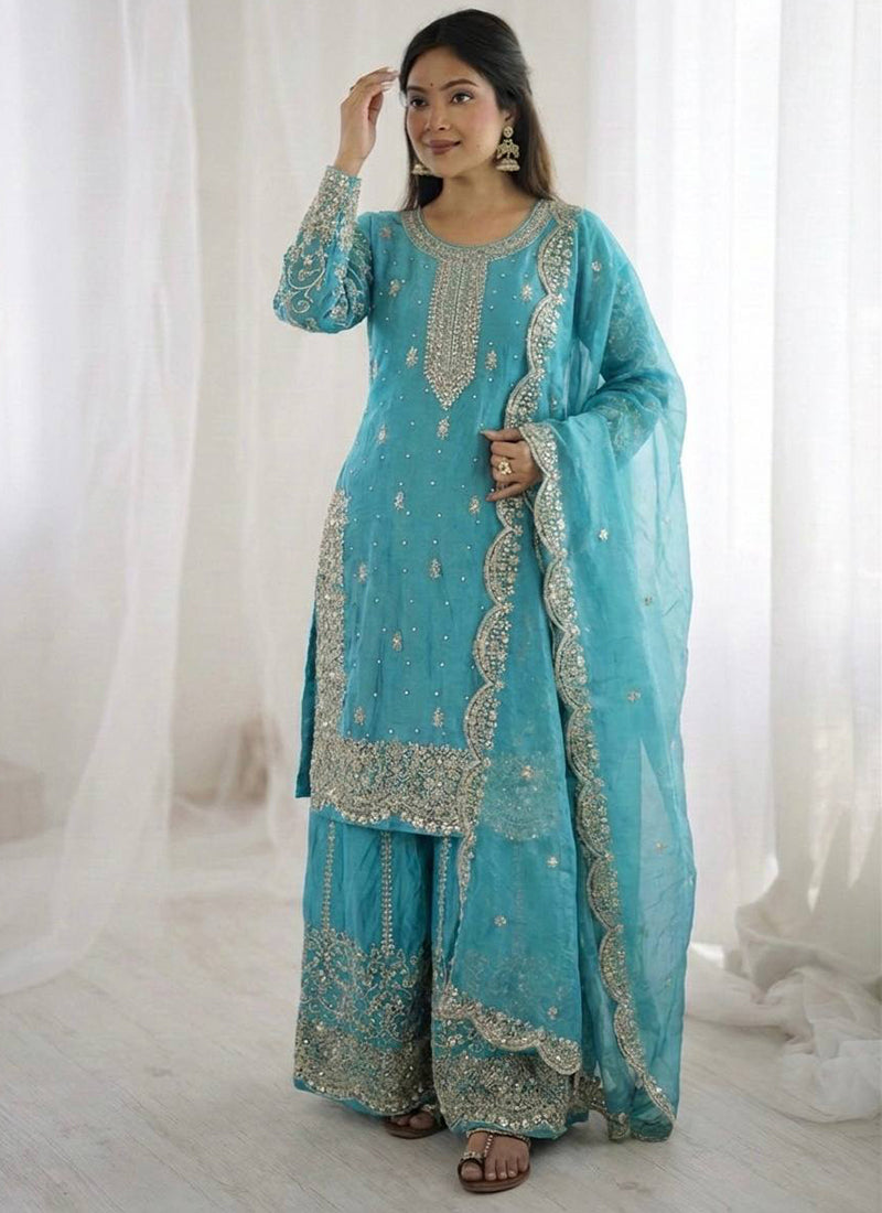 Sky Blue Fendi Silk Embroidery Work Festival Wear Readymade Plazzo Suit SW963575