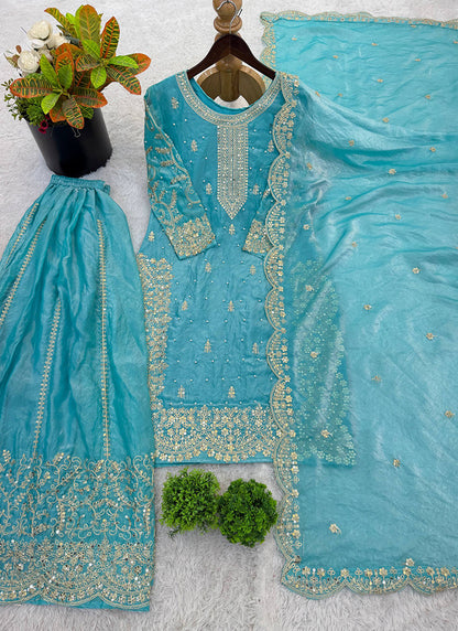 Sky Blue Fendi Silk Embroidery Work Festival Wear Readymade Plazzo Suit SW963575