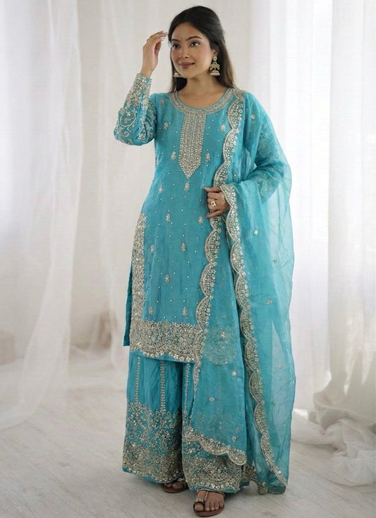 Sky Blue Fendy Silk Embroidery Work Occasional Wear Readymade Plazzo Suit SW188352