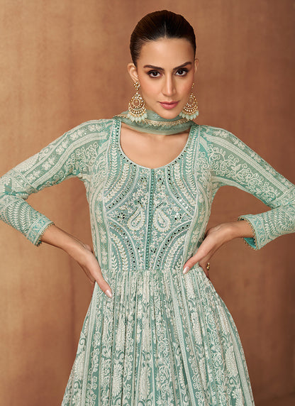 Sky Blue Georgette Embroidery Work Festival Wear Readymade Anarkali Suit SW794542