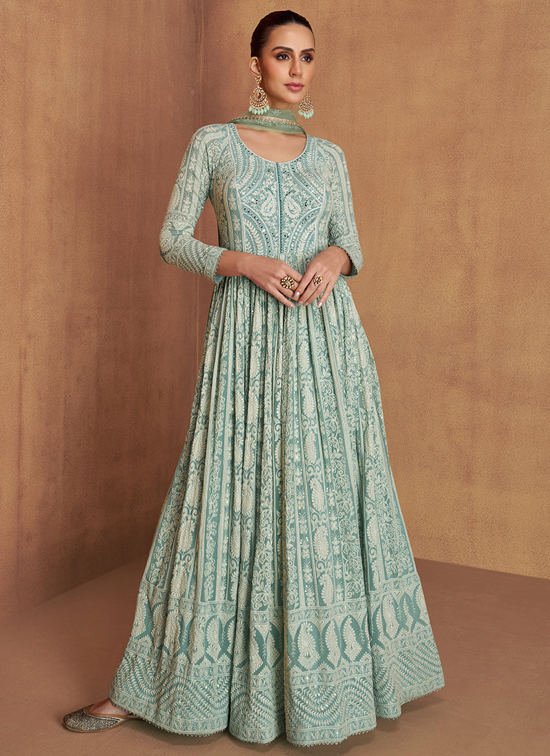 Sky Blue Georgette Embroidery Work Festival Wear Readymade Anarkali Suit SW794542