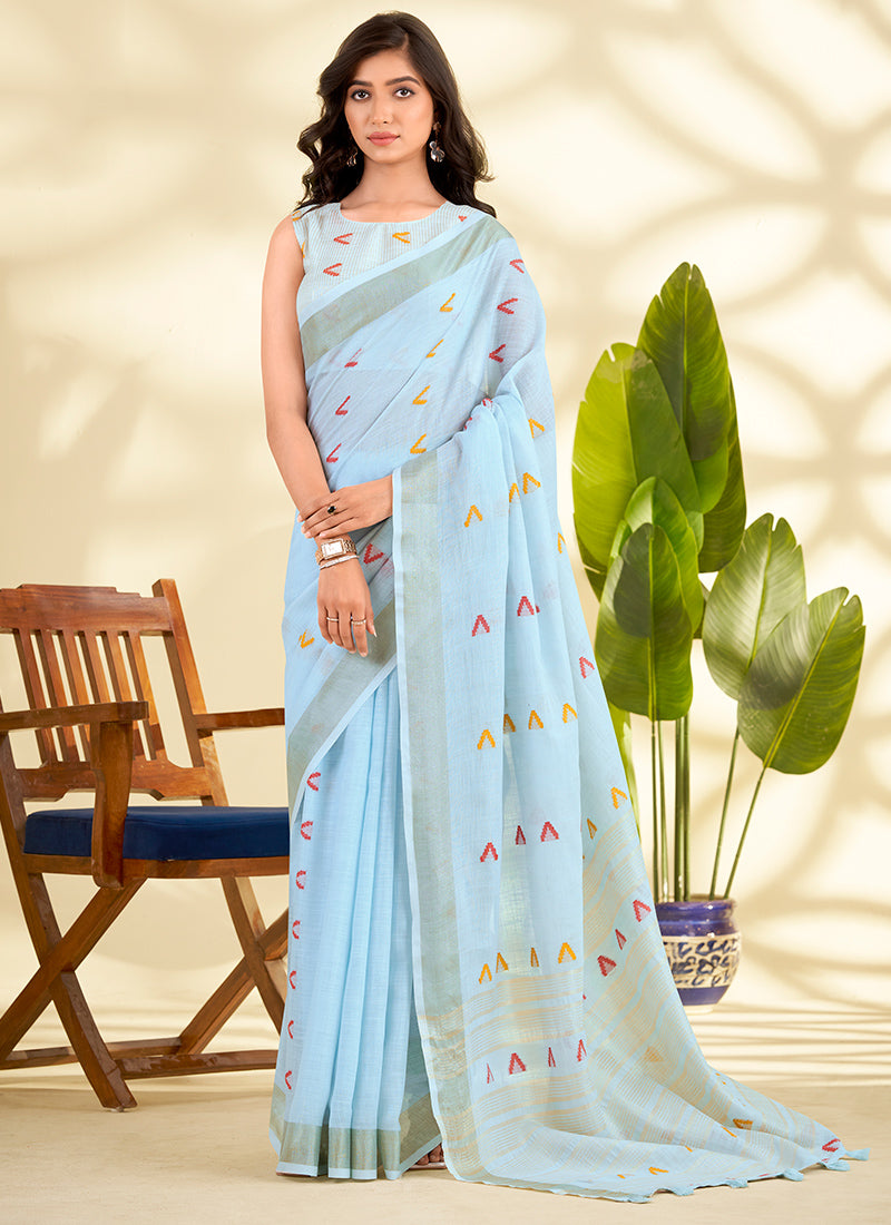 Linen Silk Sky Blue Saree with Zari Work for Daily Wear 381646
