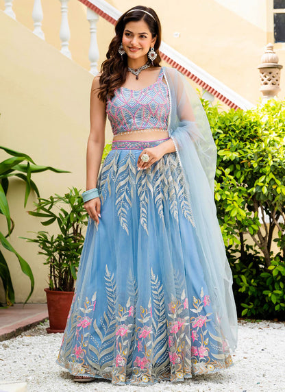 Net Sky Blue Occasional Wear Embroidery Work Lehenga Choli 385677