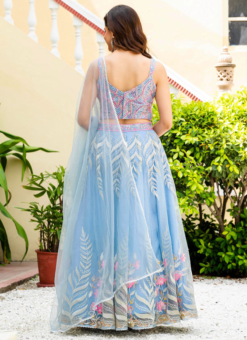 Net Sky Blue Occasional Wear Embroidery Work Lehenga Choli 385677