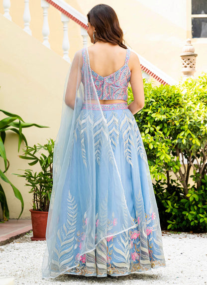 Net Sky Blue Occasional Wear Embroidery Work Lehenga Choli 385677