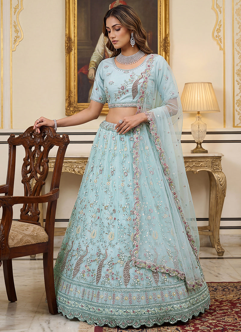 Sky Blue Net Embroidery Work Wedding Wear Lehenga Choli SW422607