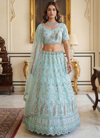 Sky Blue Net Embroidery Work Wedding Wear Lehenga Choli SW422607