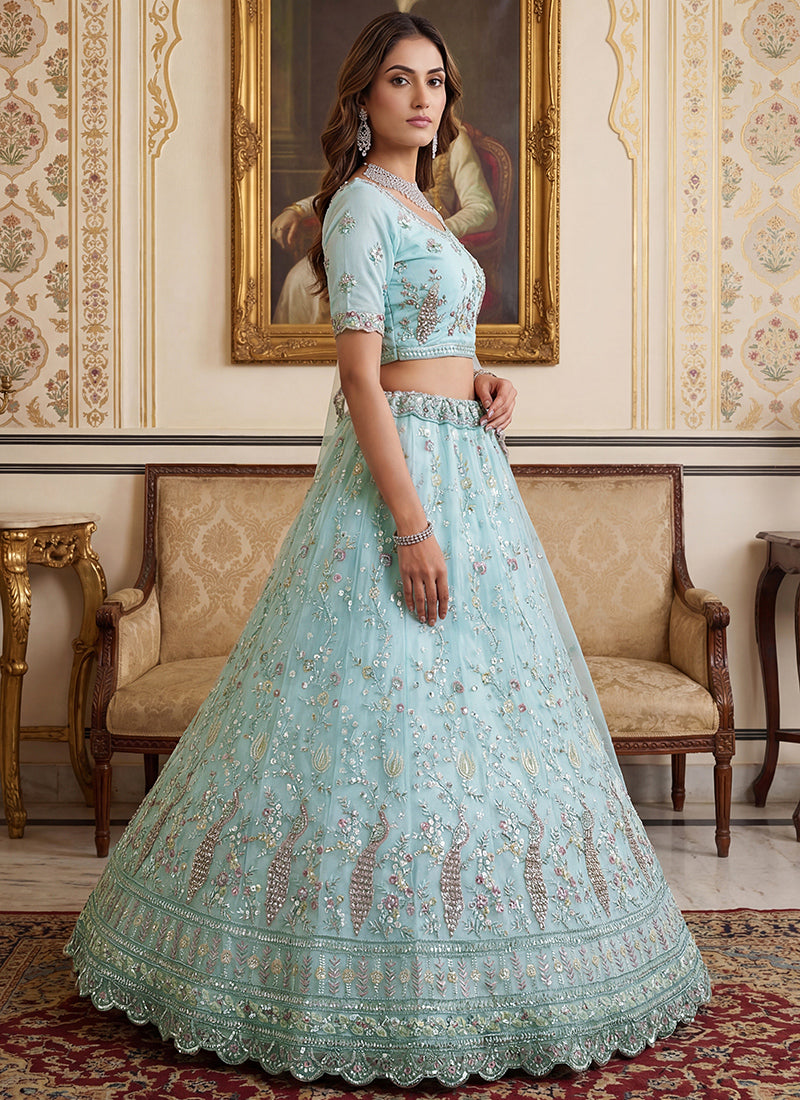 Sky Blue Net Embroidery Work Wedding Wear Lehenga Choli SW422607