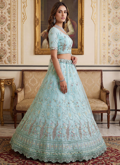 Sky Blue Net Embroidery Work Wedding Wear Lehenga Choli SW422607