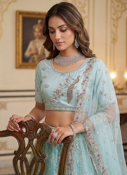 Sky Blue Net Embroidery Work Wedding Wear Lehenga Choli SW422607