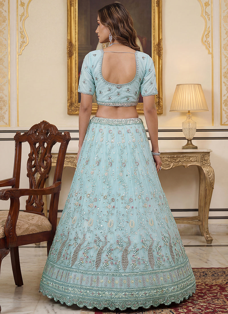 Sky Blue Net Embroidery Work Wedding Wear Lehenga Choli SW422607