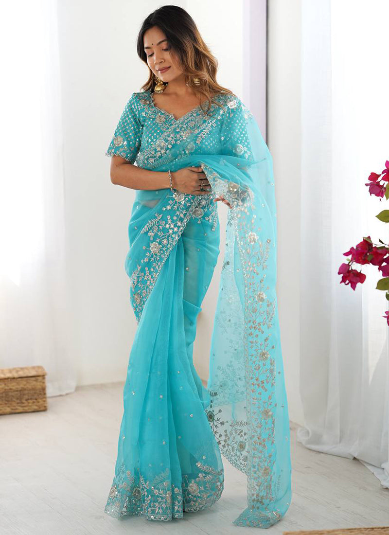 Sky Blue Organza Sequins Work  Casual Wear Saree SW846470