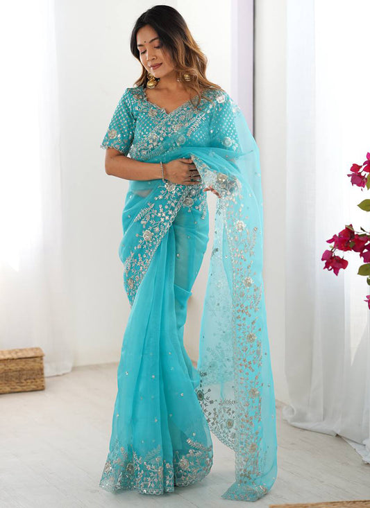 Sky Blue Organza Sequins Work  Casual Wear Saree SW846470