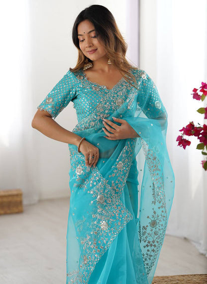 Sky Blue Organza Sequins Work  Casual Wear Saree SW846470