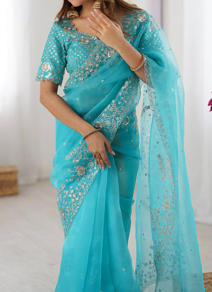Sky Blue Organza Sequins Work  Casual Wear Saree SW846470