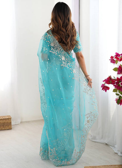 Sky Blue Organza Sequins Work  Casual Wear Saree SW846470