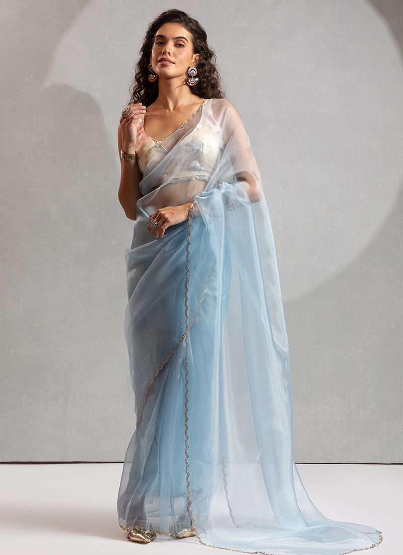 Organza Sky Blue Saree with Border Work for Designer Wear 380335