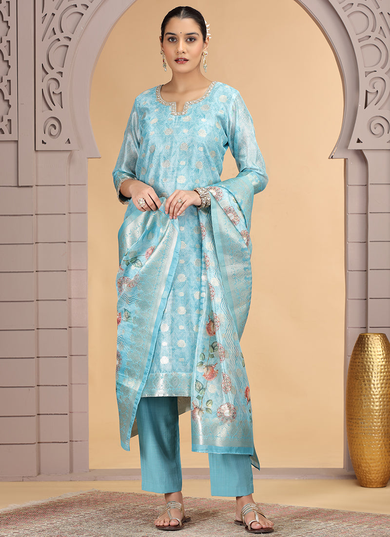 Organza Jacquard Sky Blue Party Wear Pattern Pc Work Readymade Salwar Suit 386176