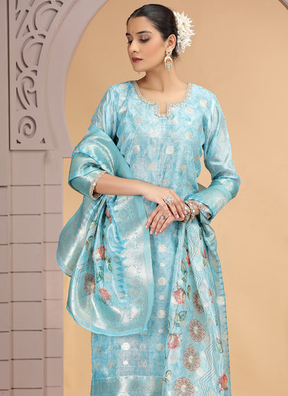 Organza Jacquard Sky Blue Party Wear Pattern Pc Work Readymade Salwar Suit 386176