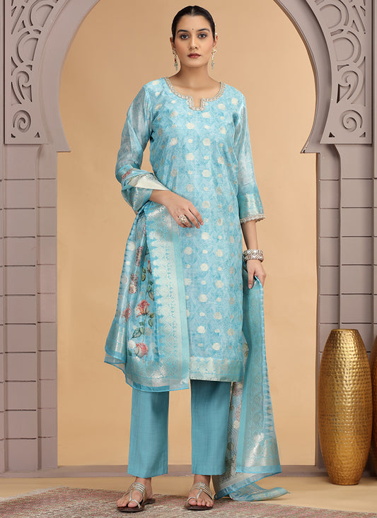 Organza Jacquard Sky Blue Party Wear Pattern Pc Work Readymade Salwar Suit 386176
